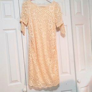 PinkBlush Beige Lace Overlay Sleeve Tie Fitted Maternity Dress